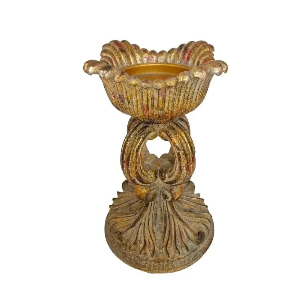 Distressed Pedestal Pillar Candle Holder Brown Brushed Gold Contemporary